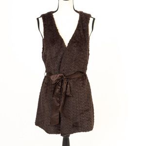 Faux fur longer length vest chocolate brown belted Blue Bird L Jr